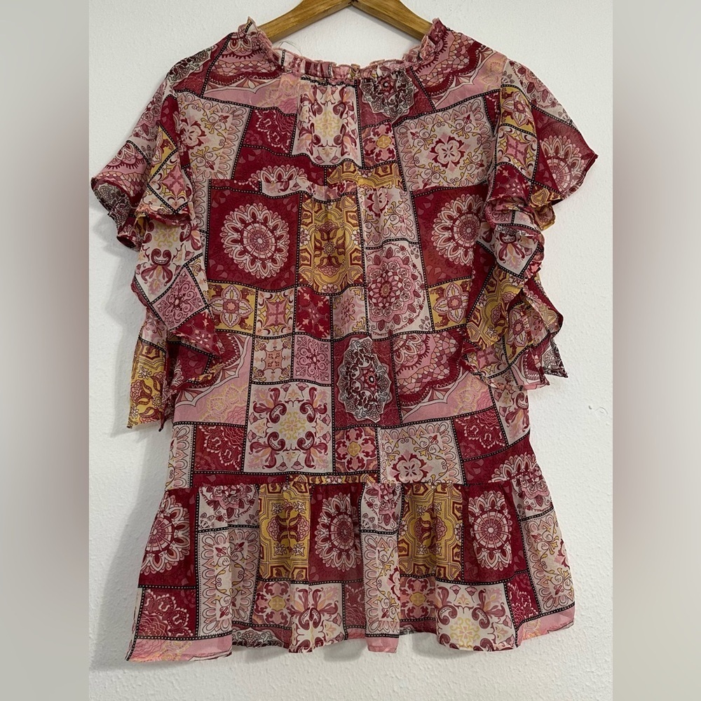 Umgee Multicolor Patchwork Blouse with Ruffle Sleeves - Picture 5 of 11